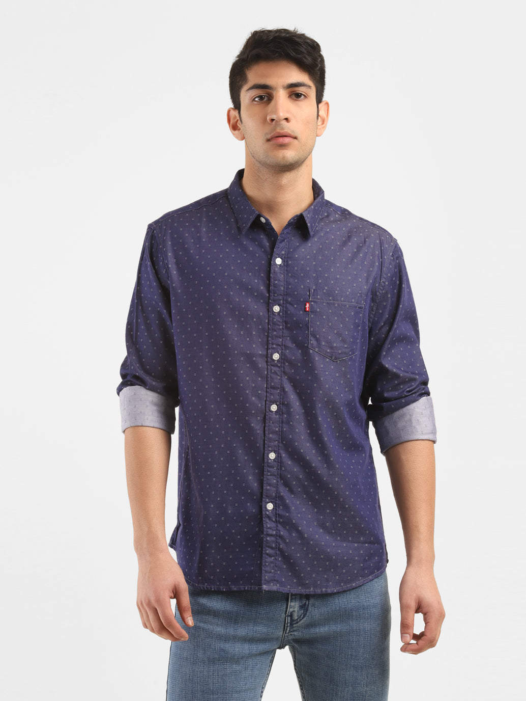 Men'S Navy Printed Slim Fit Shirt