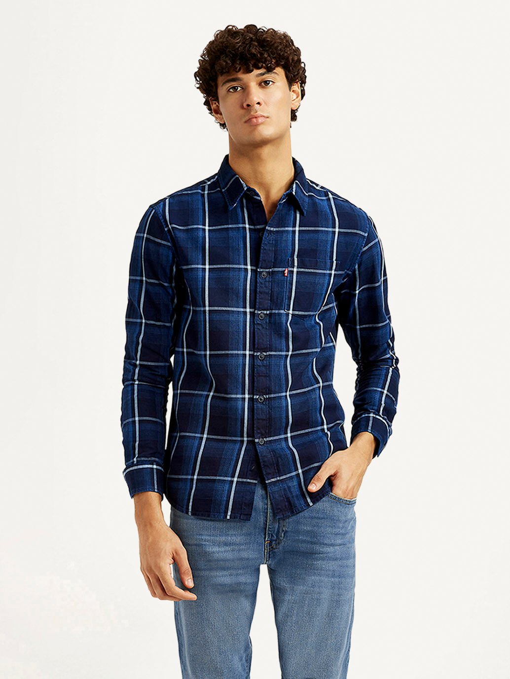 Men'S Checkered Navy Slim Fit Shirt - Goyalsons ShopMax