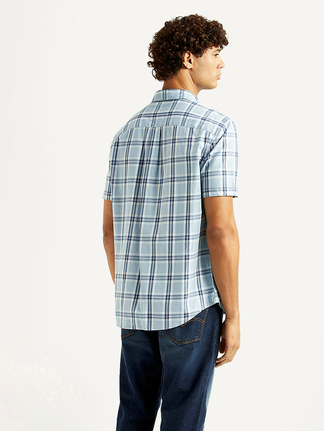 Levis men's casual shirt in navy blue, back view showing collar and shoulder details.