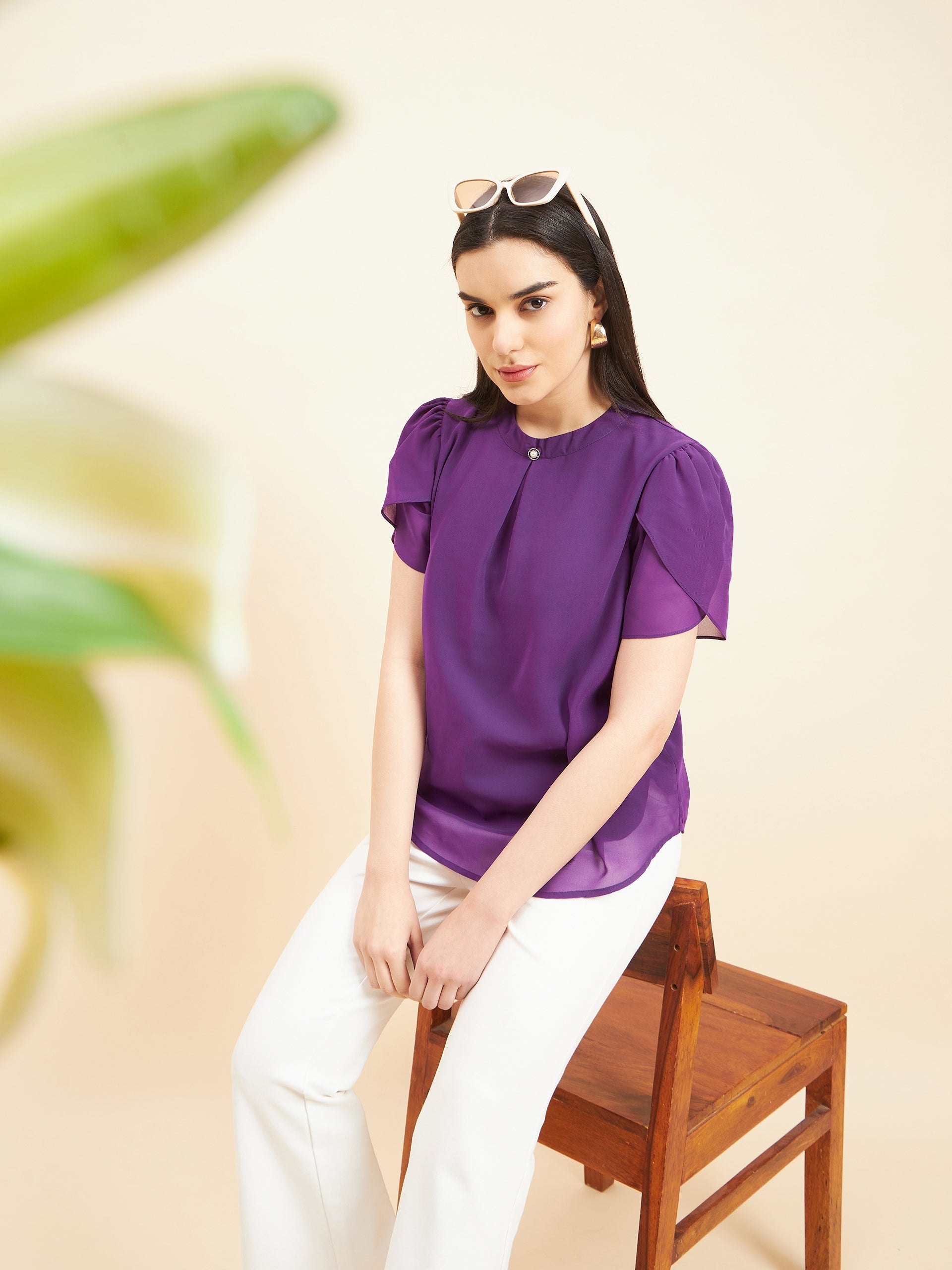 Gipsy Women Solid Button Georgette Voilet Top