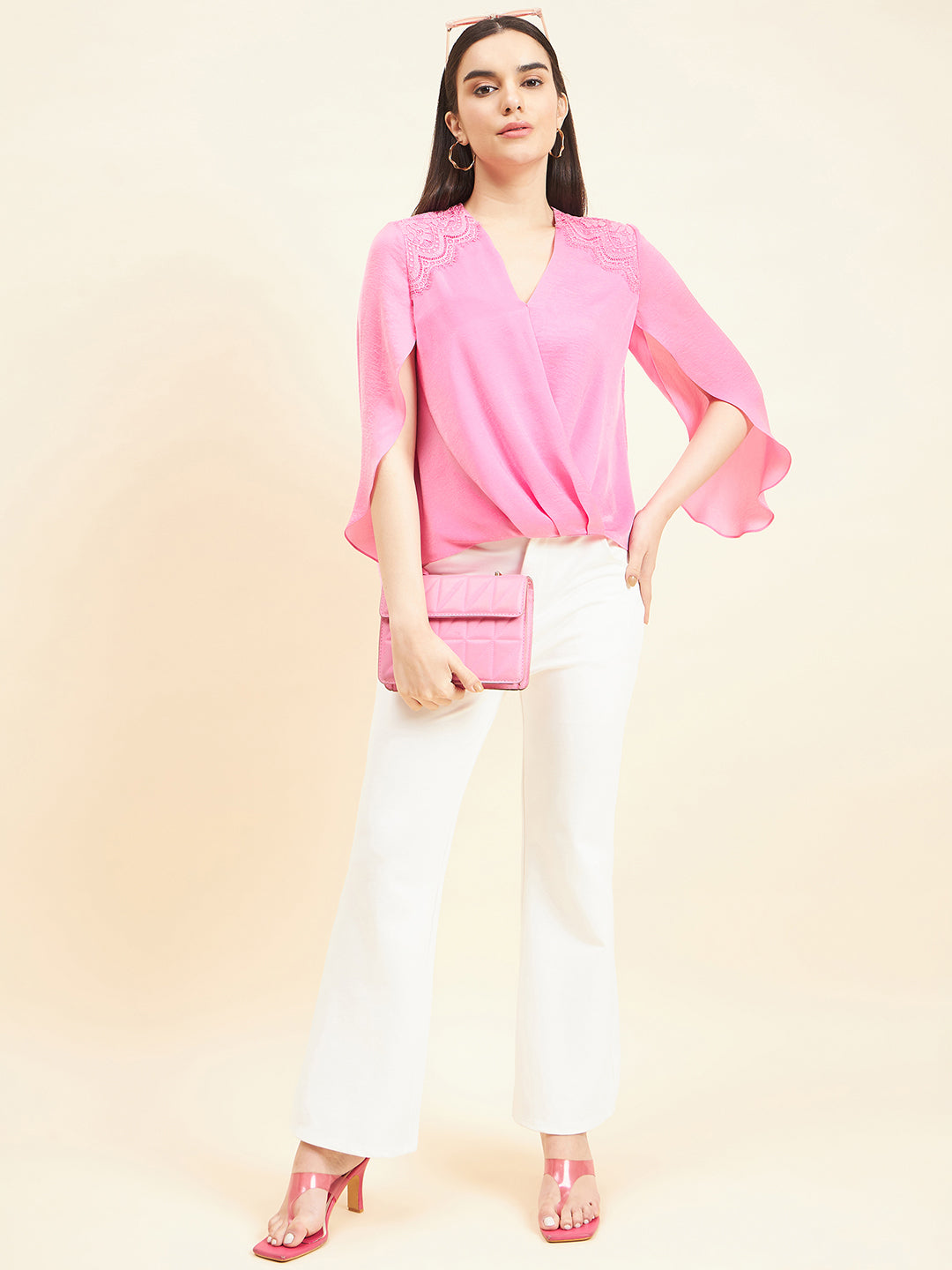 Gipsy Women Solid Lace Satin Bubblegum Pink Top