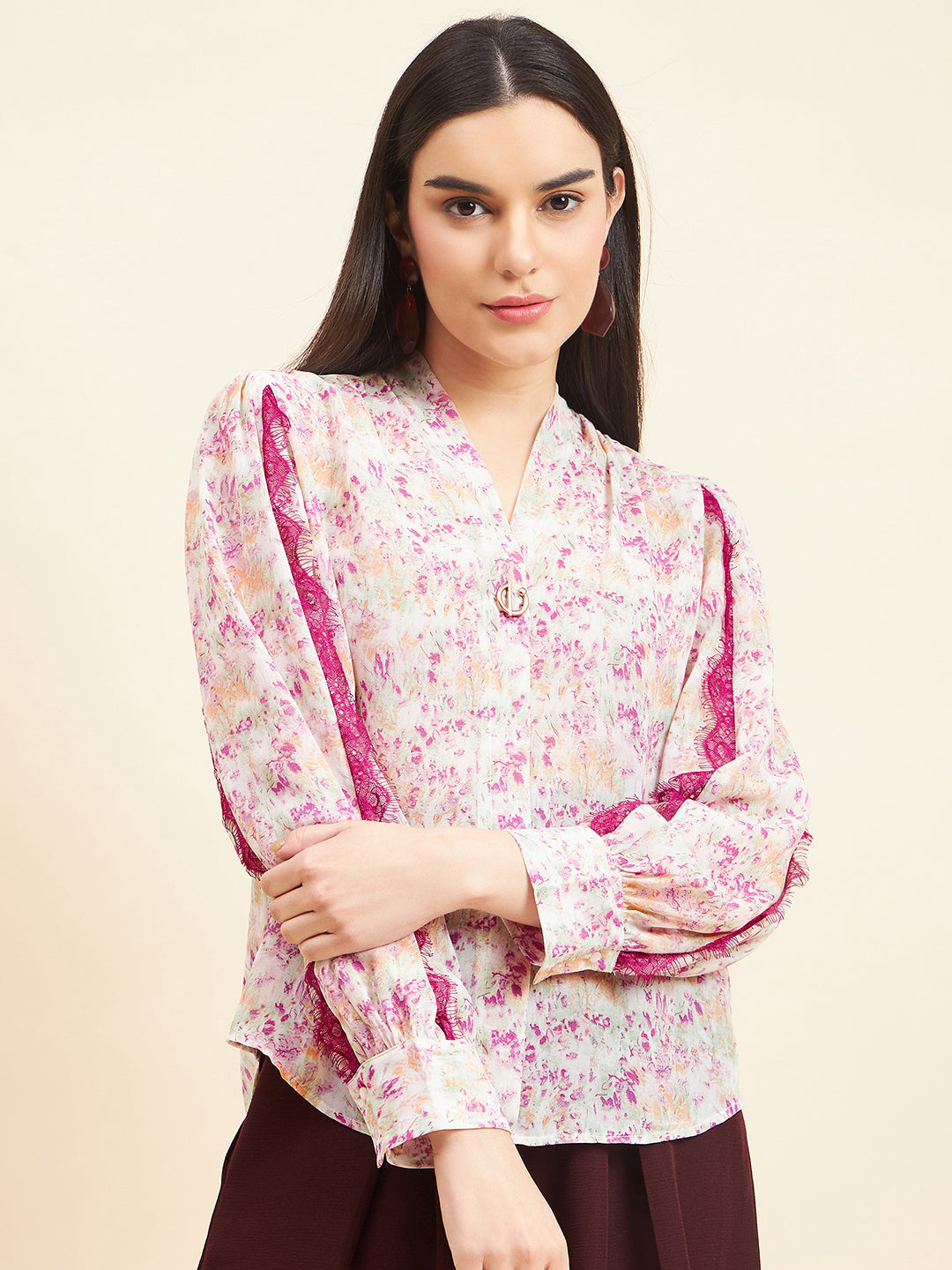 Gipsy Women Printed Lace Georgette Pink Top