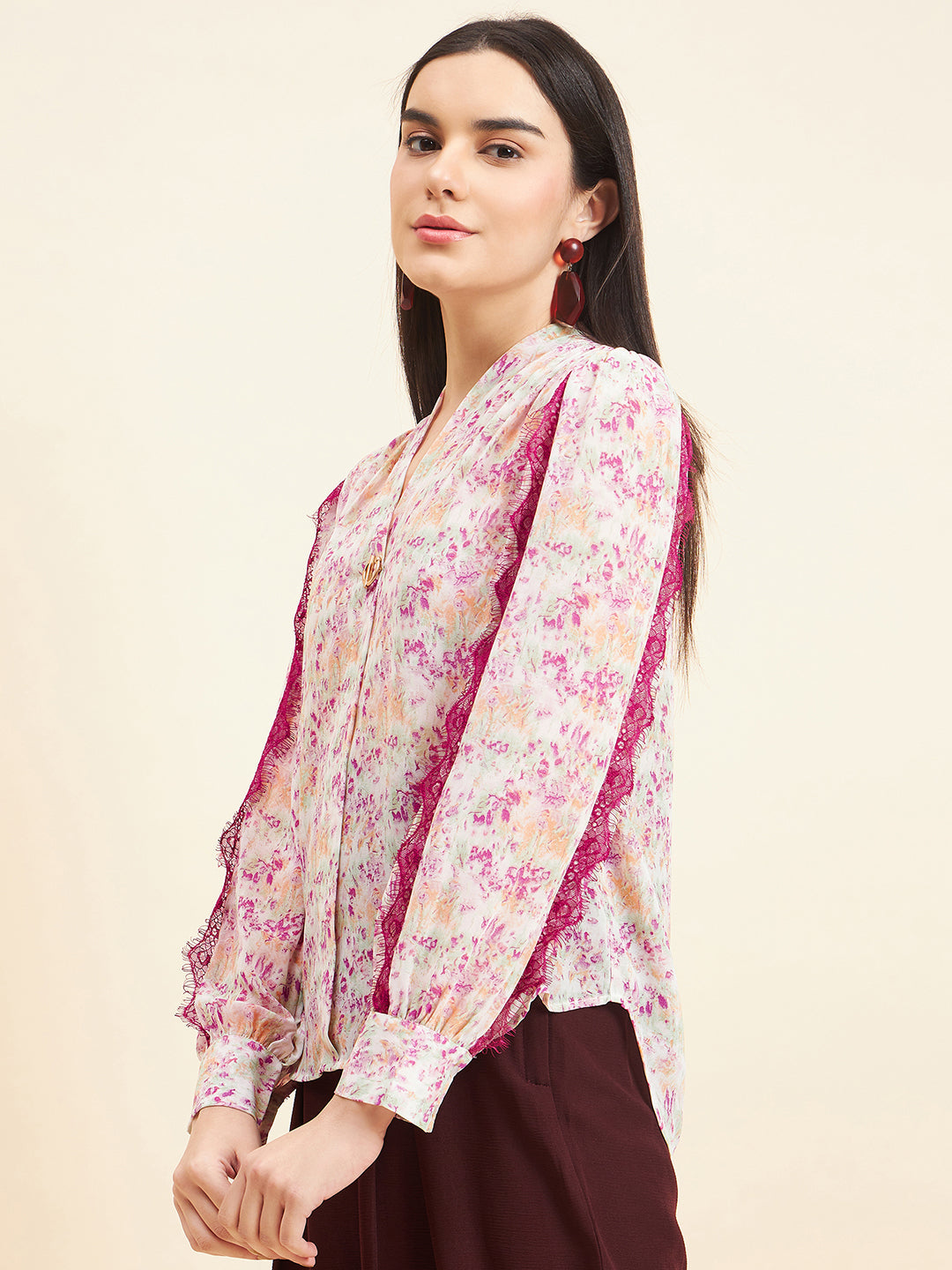 Gipsy Women Printed Lace Georgette Pink Top