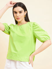 Gipsy Women Solid Cotton Neon Green Top