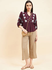 Gipsy Women Solid Embordiery Rayon Wine Top