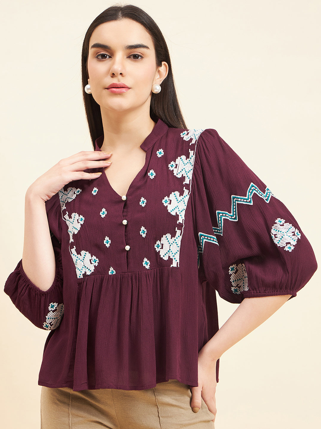 Gipsy Women Solid Embordiery Rayon Wine Top