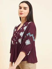 Gipsy Women Solid Embordiery Rayon Wine Top