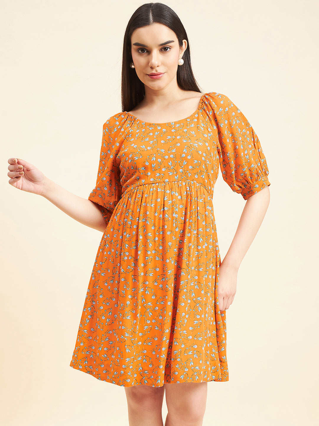 Gipsy Women Printed Printed Midi Rayon Orange Dress