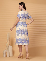 Gipsy Cobalt Blue Printed Rayon Dress With Belt