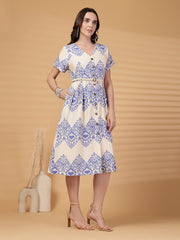 Gipsy Cobalt Blue Printed Rayon Dress With Belt