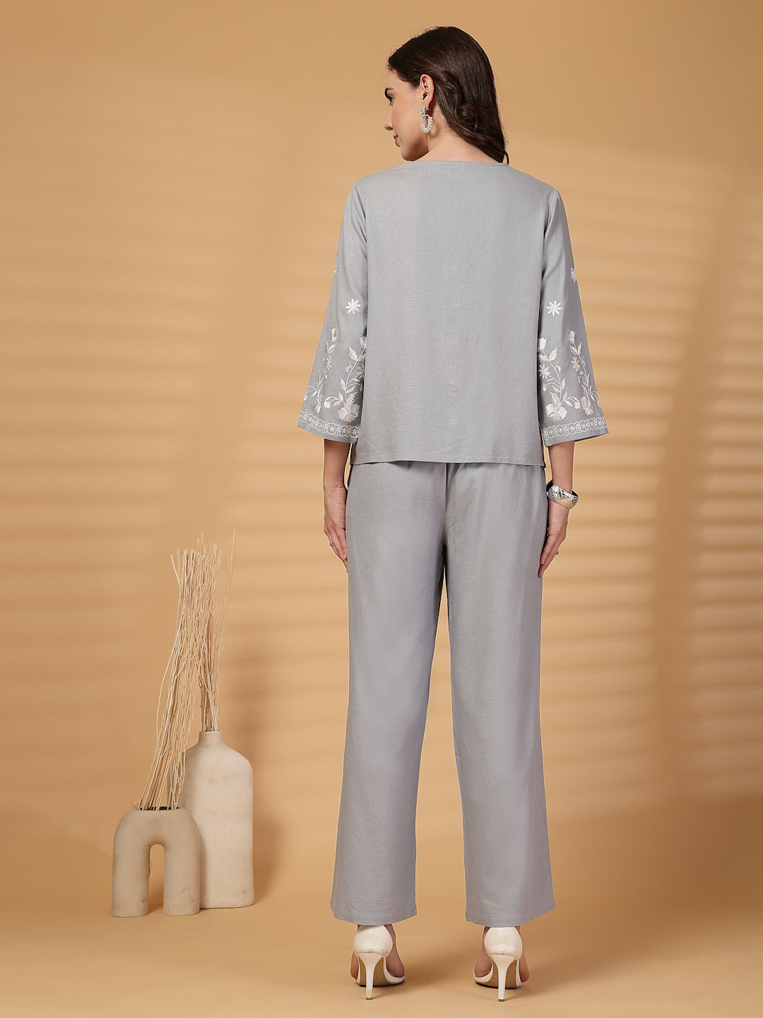 Gipsy Ice Blue Embroidered Cotton Top With Pants