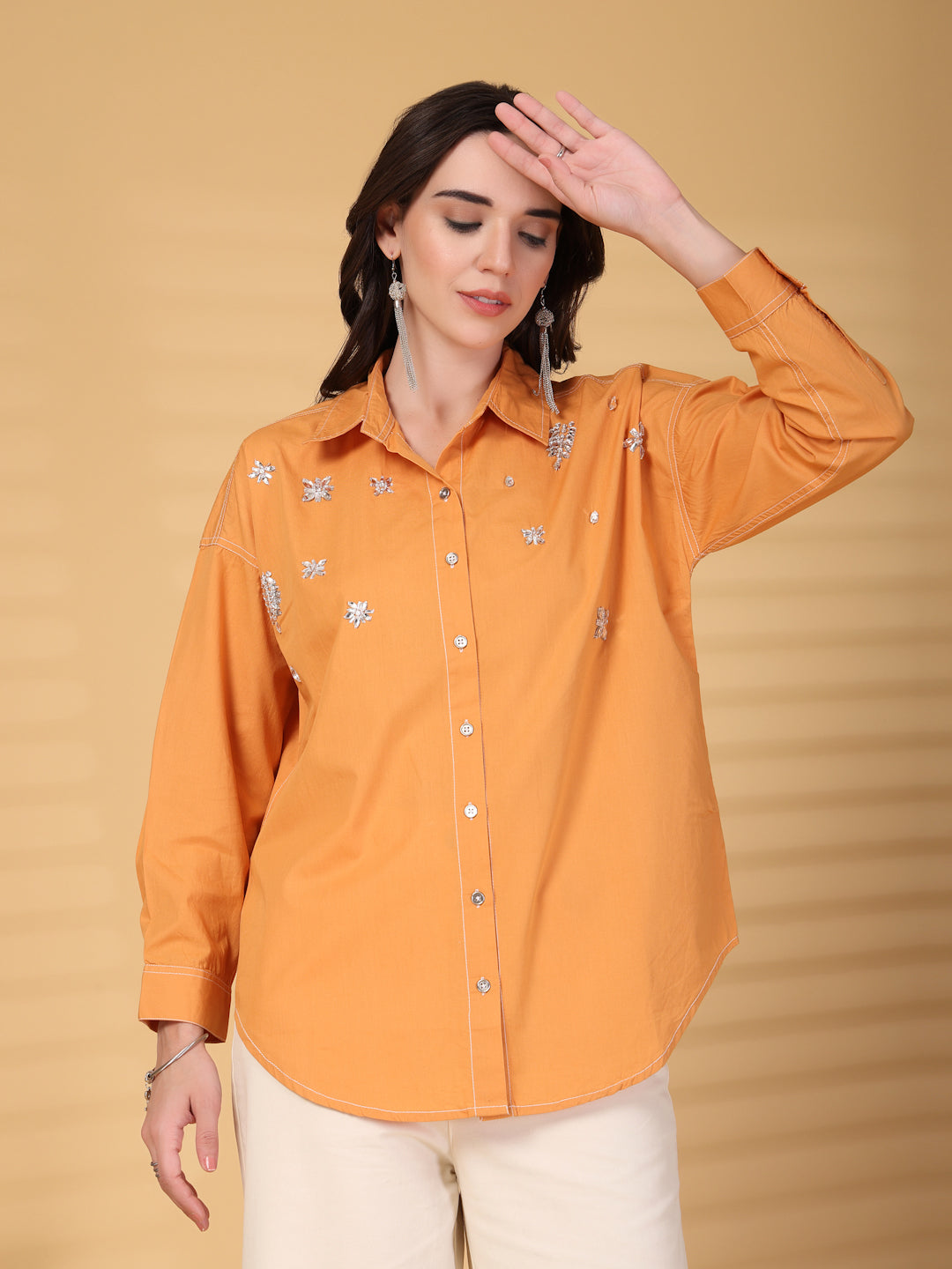 Gipsy Orange Rhinestone Embellished Cotton Shirt