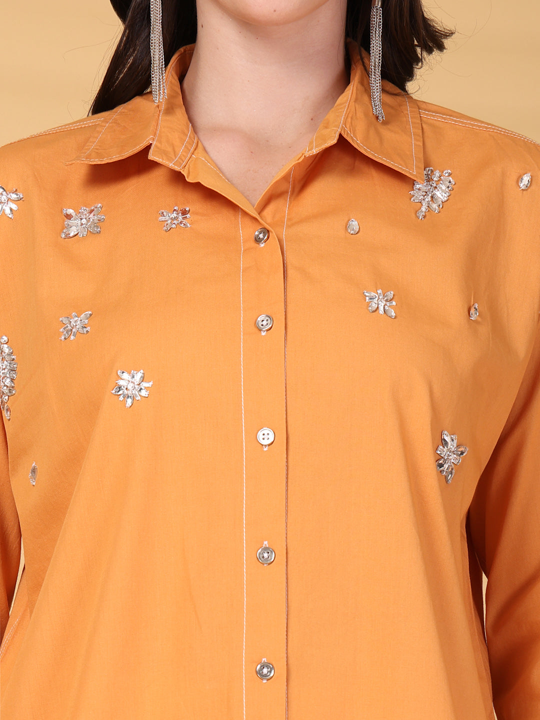 Gipsy Orange Rhinestone Embellished Cotton Shirt