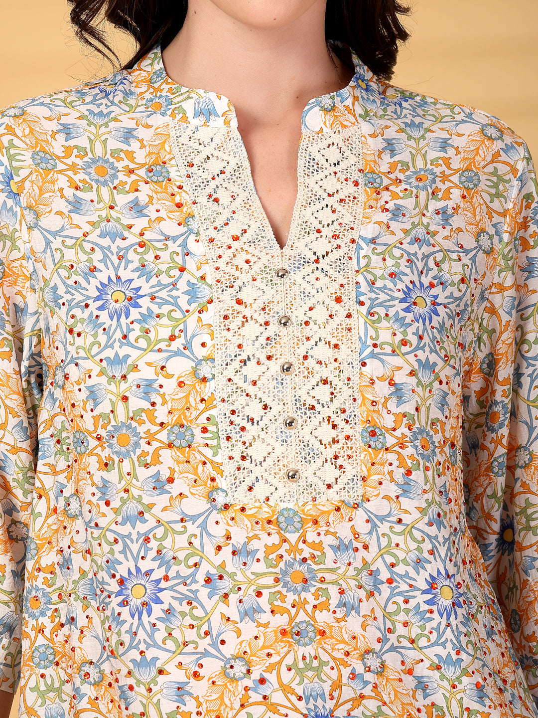 Gipsy Orange Floral Hotfixing Lace Detailing Chiffon Tunic