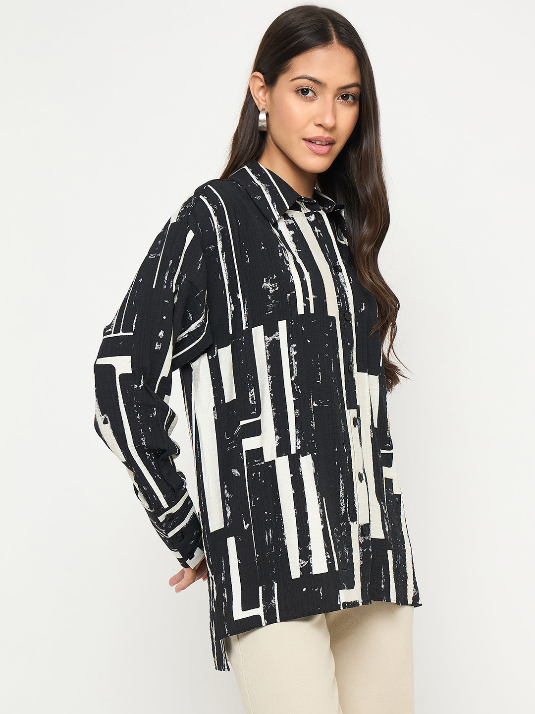 Madame black cotton blend full shirt with all-over western print, long sleeves, and button-up front for ladies.
