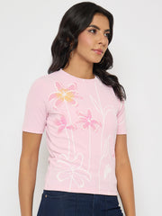 Madame Floral Print Sequin Detailed Pink T-Shirt