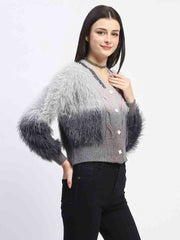 Madame Embellished Ombre V Neck Grey Sweater