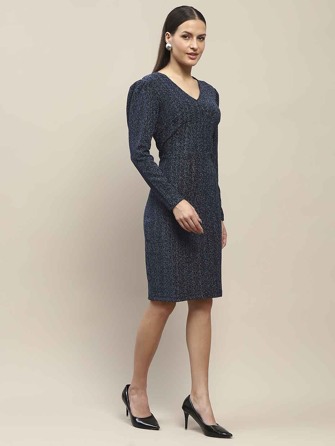 Madame Overlapping Detailed Navy Blue Knitted Midi Dress