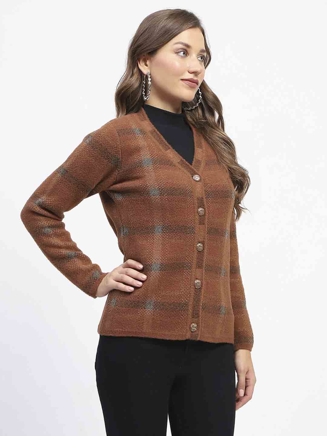 Madame Striped Brown V-Neck Buttoned Cardigan
