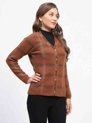 Madame Striped Brown V-Neck Buttoned Cardigan