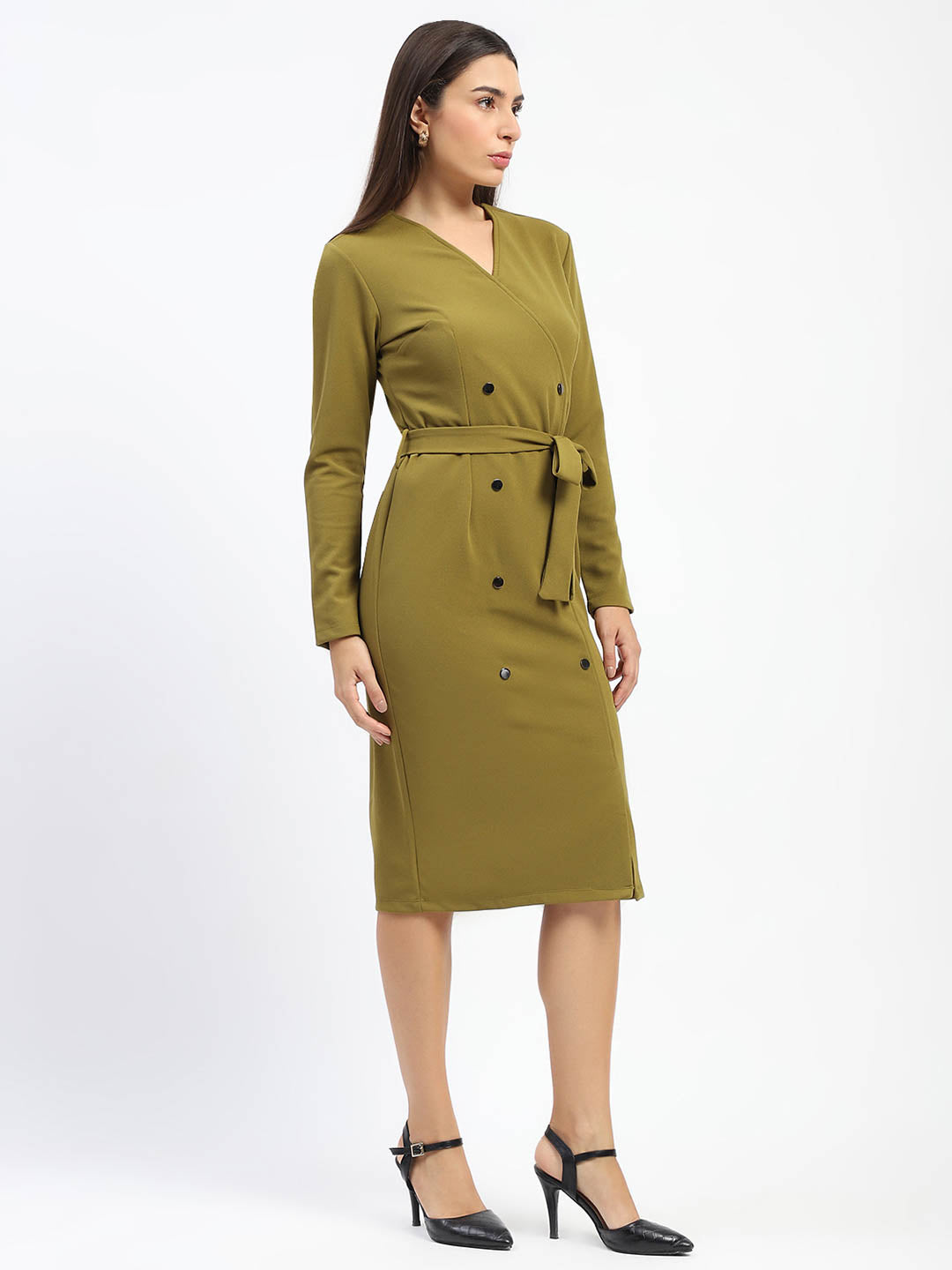 Madame Belted Buttoned Green Dress