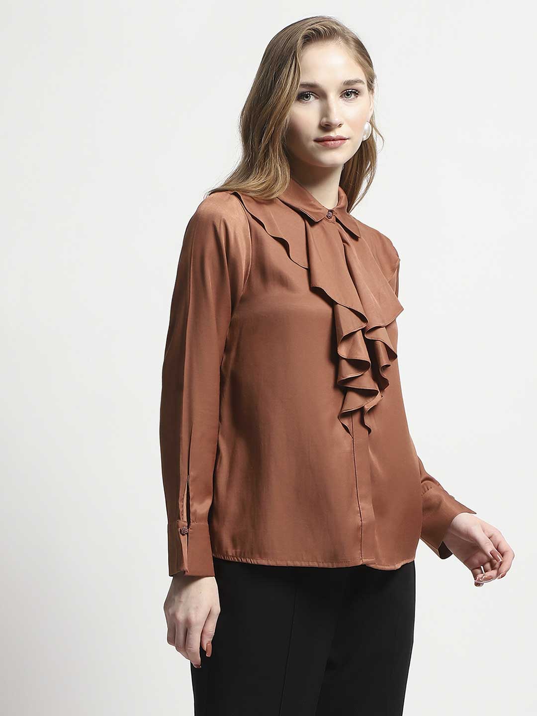 Madame Ruffle Collar Solid Rust Shirt