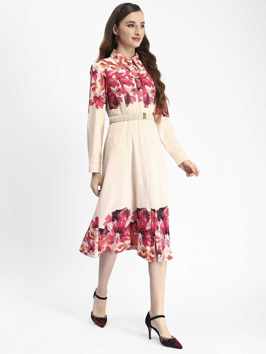 Madame Floral Printed Button Down Shirt A-Line Dress
