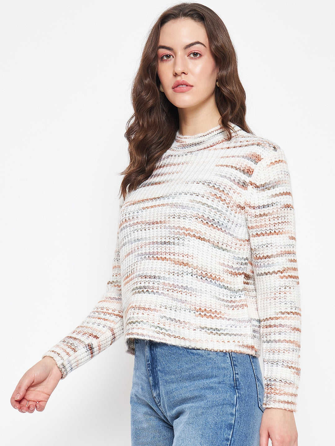 Madame Abstract Knit White Sweater For Women