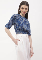 Madame Raglan Sleeve Blue Abstract Print Crop Top