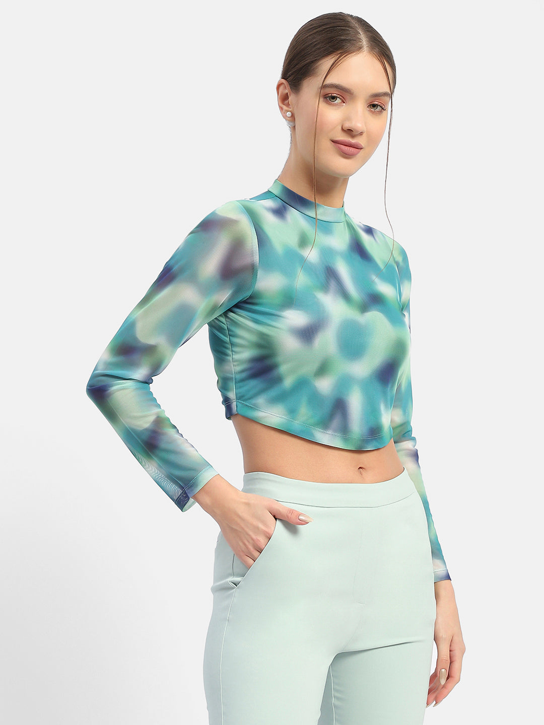 Madame Abstract Print Mint Green Asymmetrical Hem Top