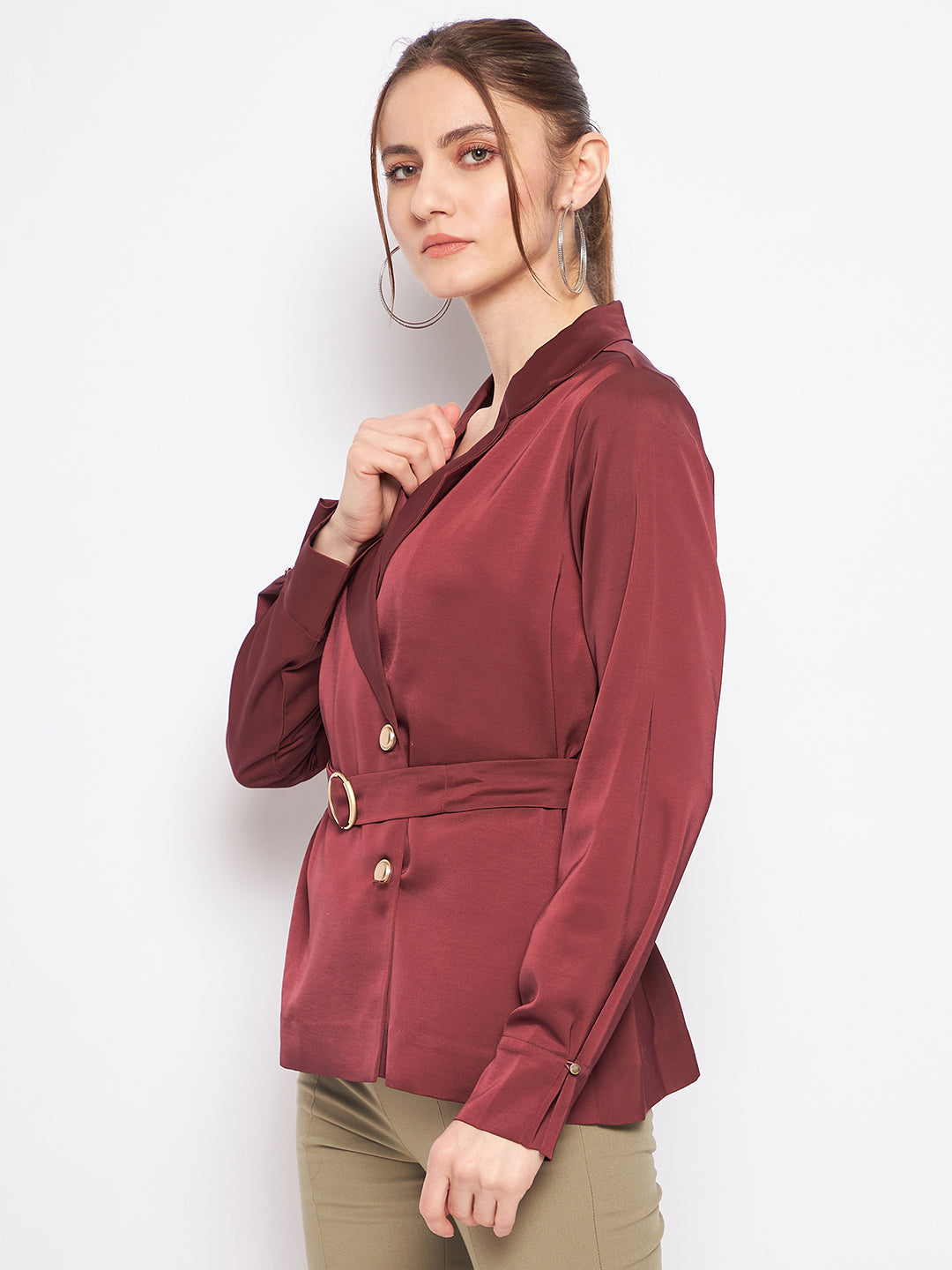 Madame Buckle Belted Solid Wine Red Wrap Blazer