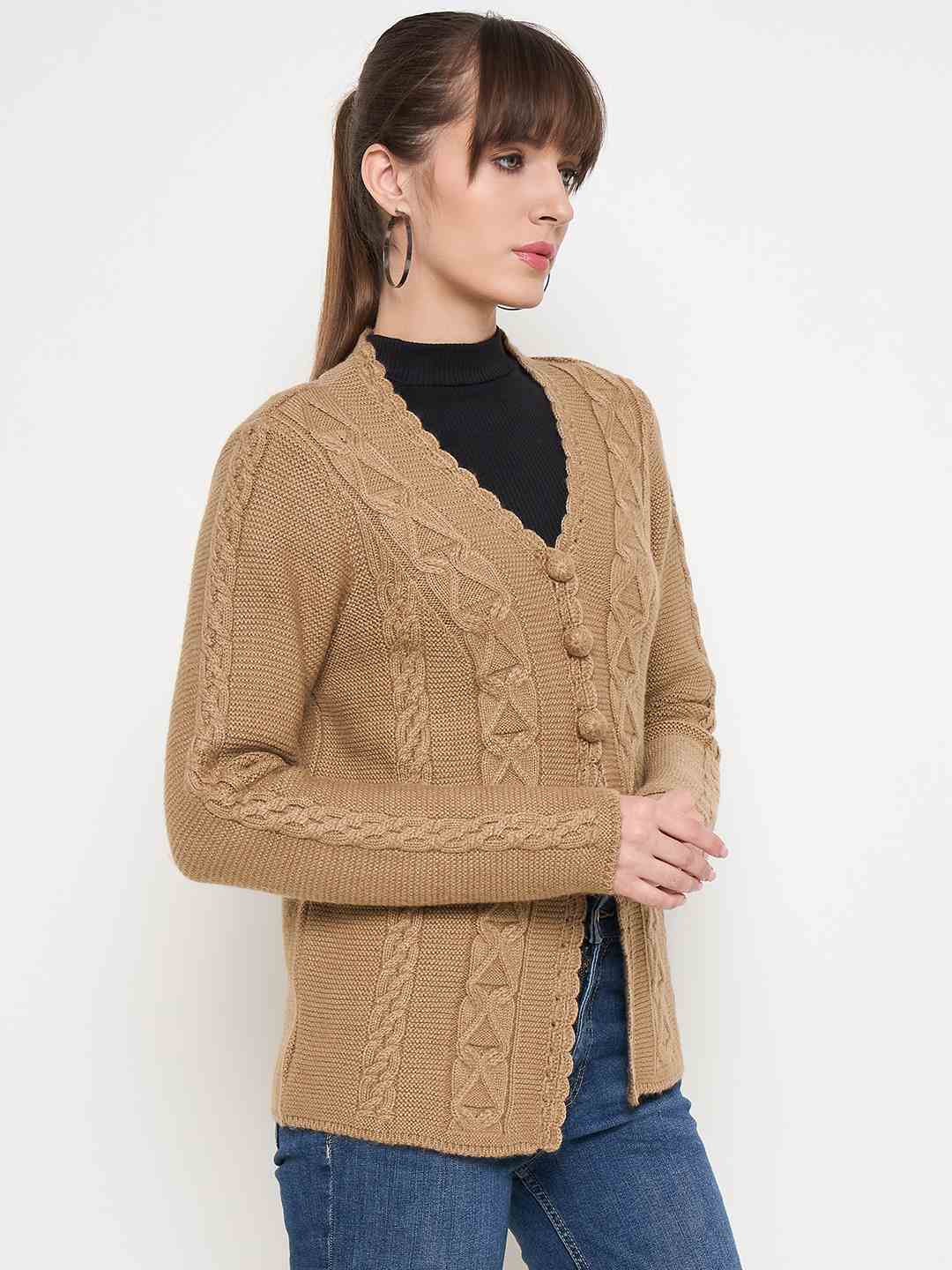 Madame Camel Cable Knit Acrylic Cardigan