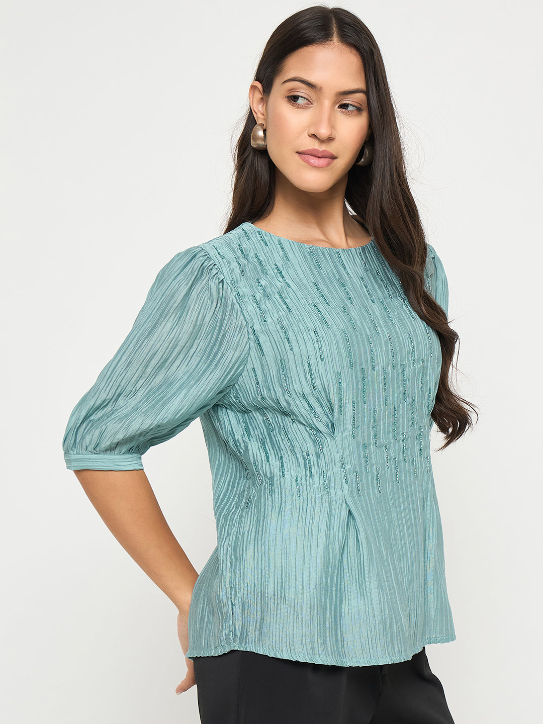 Madame Textured Embellished Tencel Blend Green Top