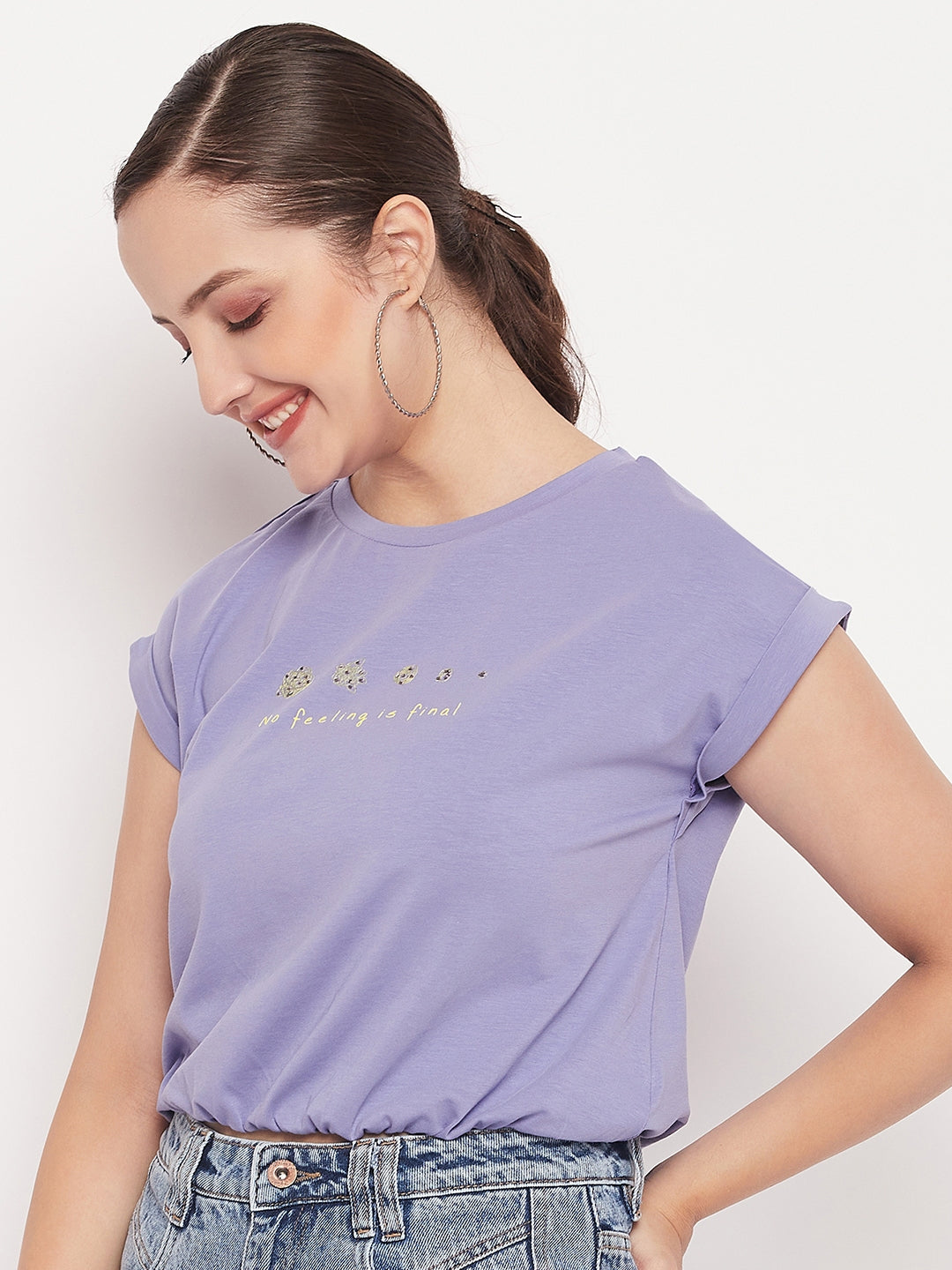 Madame Solid Violet Typography Cuffed Half Sleeves Elasticated Waist Top