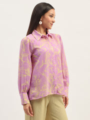Madame Floral Print Bishop Sleeve Lilac Shirt