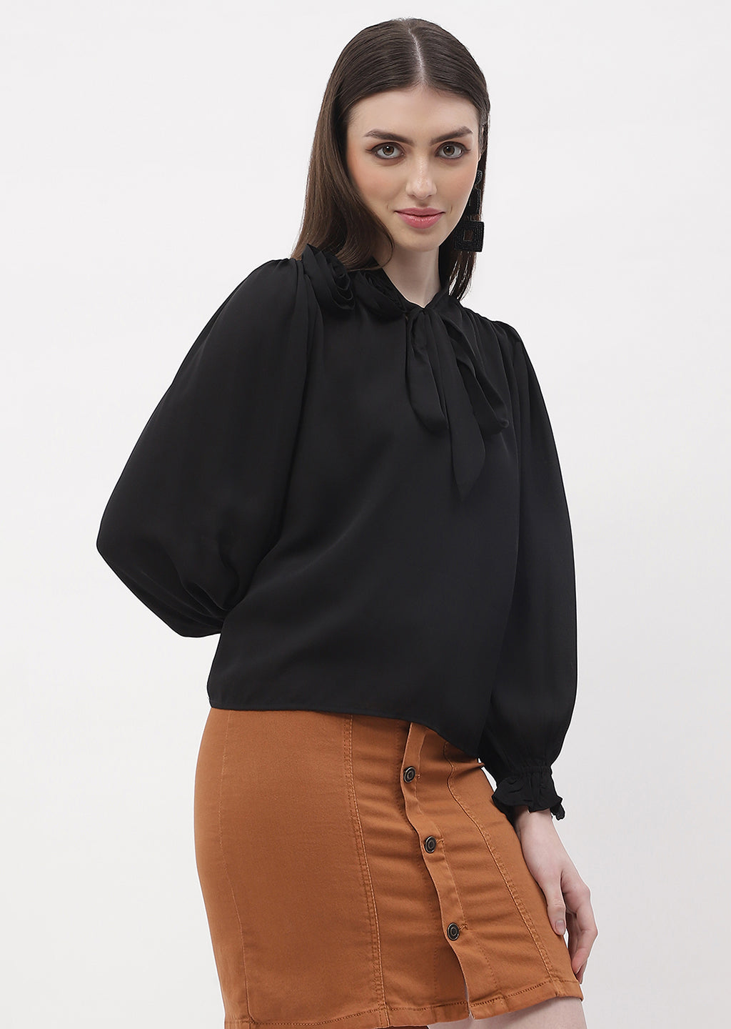 Madame Applique Adorned Black Poet Sleeve Top