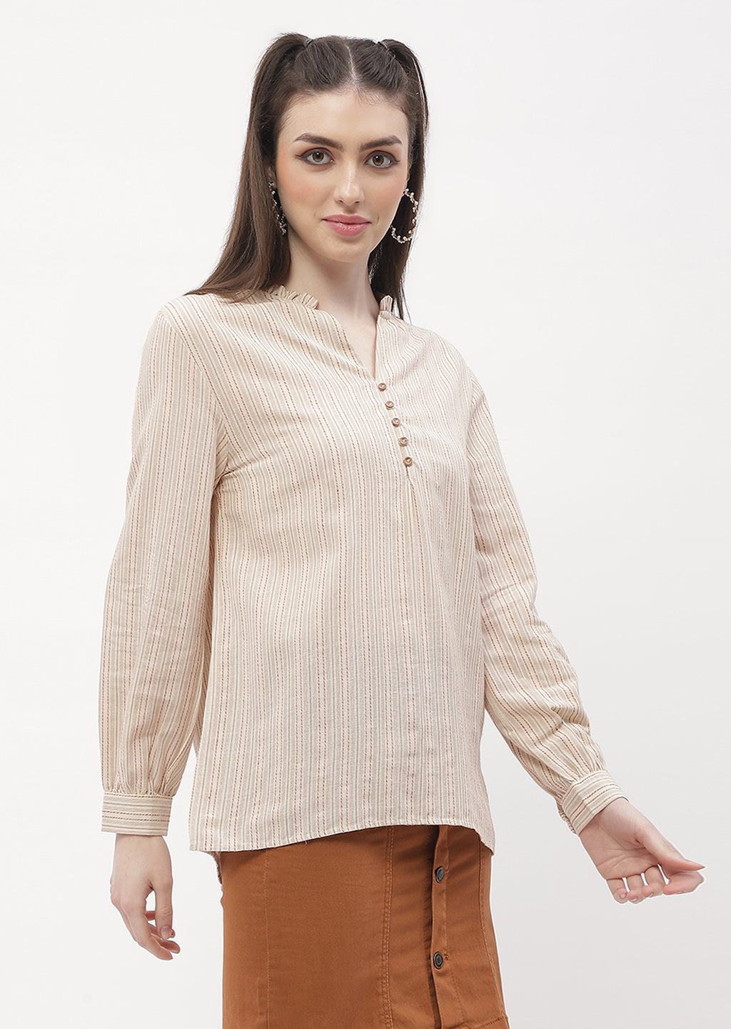 Madame Ruffle Mandarin Collar Beige Striped Top