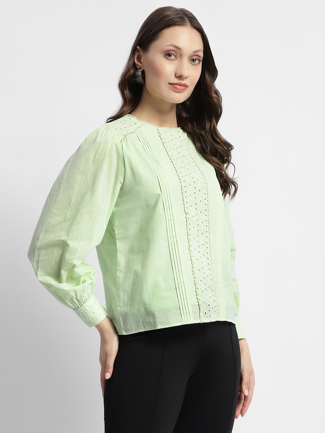 Madame Schiffli Adorned Puff Sleeve Mint Green Top