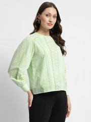 Madame Schiffli Adorned Puff Sleeve Mint Green Top