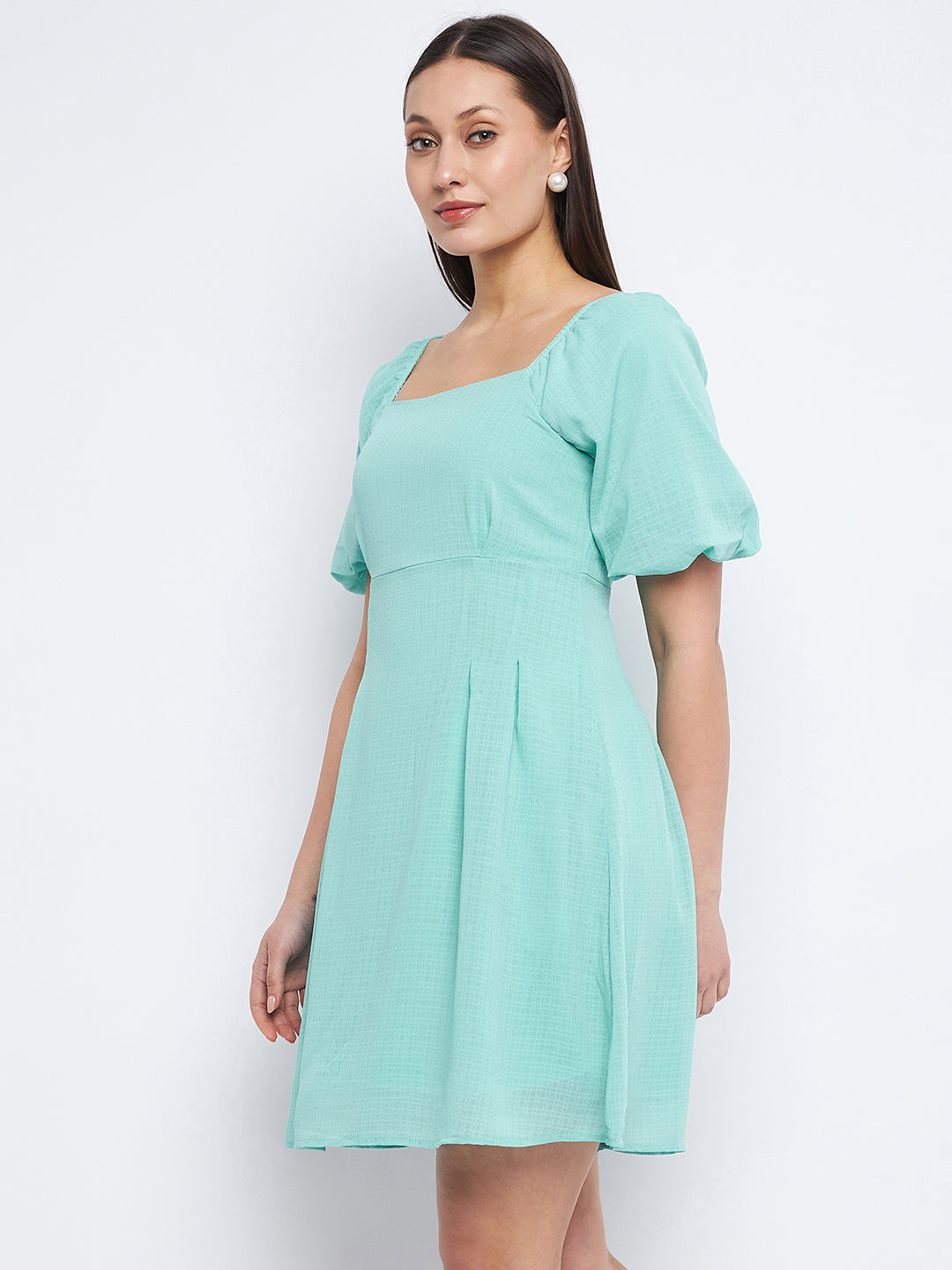Madame Pleat Detailed Square Neck Sea Green Mini Dress
