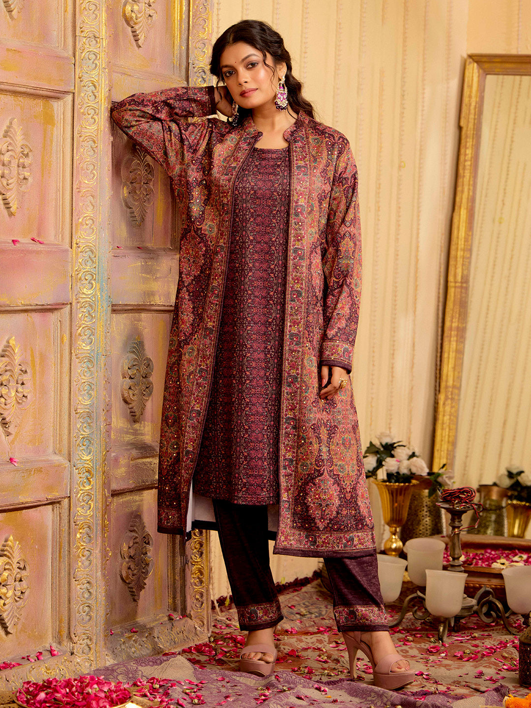 Wine Color Woolen Ethnic Printed Co-Ord Set