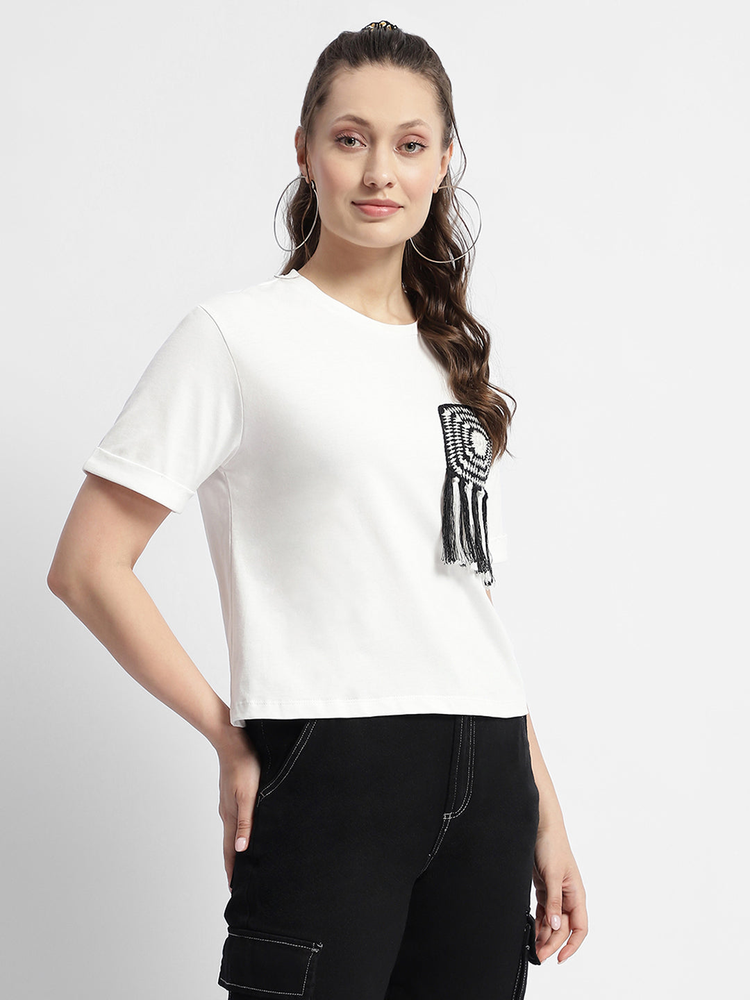 Madame Applique Pocket White Coloured T-Shirt