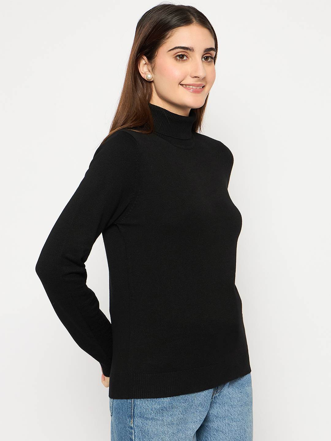 Madame Turtle Neck Ribbed Cuff Black Sweater
