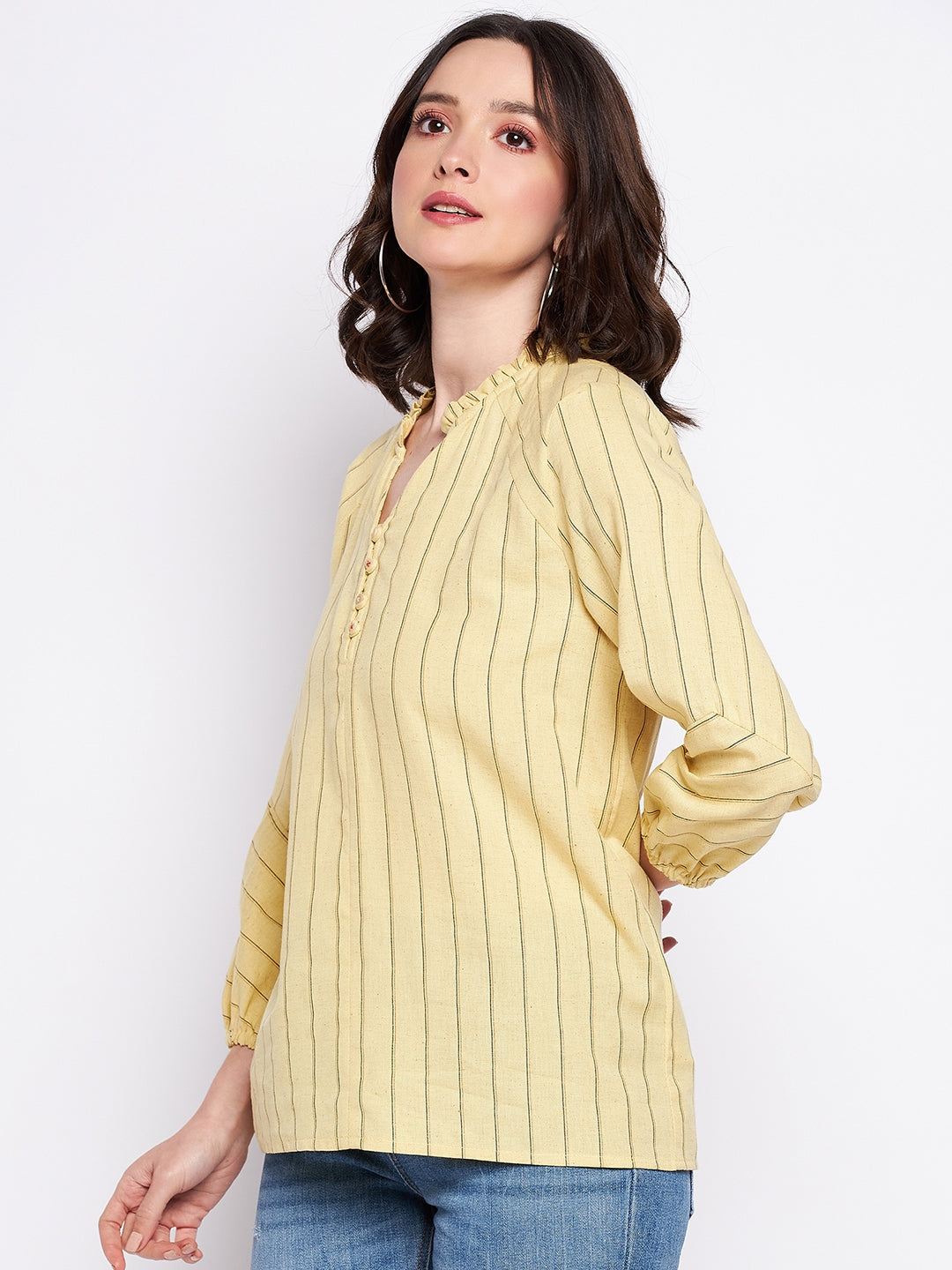 Madame Mustard Frill-Neckline Striped Top