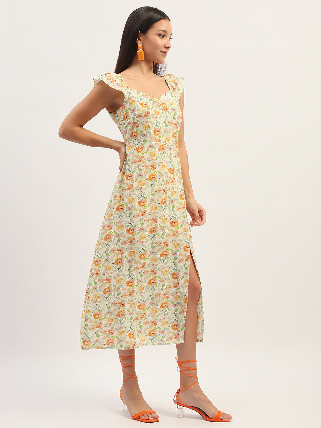 Madame Printed Front Slit Fit And Flare Ivory Dress