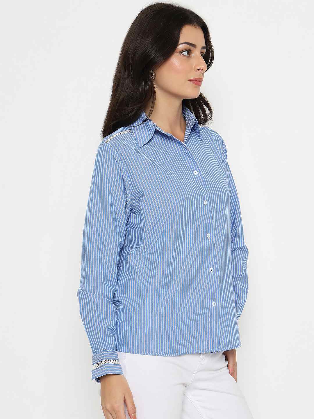 Madame Textured Embroidered Accents Blue Shirt