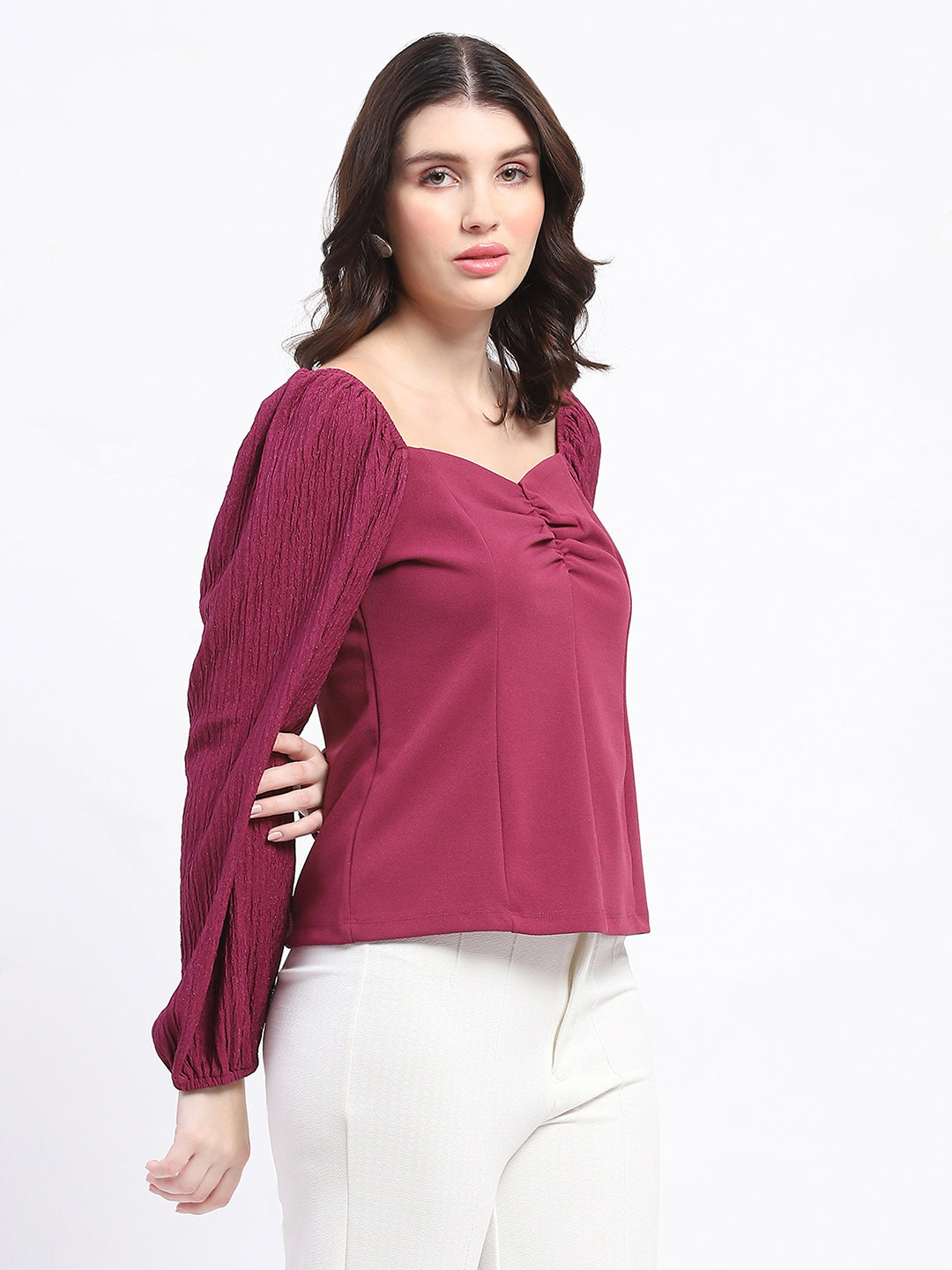 Madame Sweetheart Neck Elasticated Rush Detailed Solid Plum Knit Moss Top