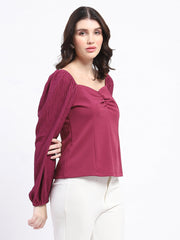 Madame Sweetheart Neck Elasticated Rush Detailed Solid Plum Knit Moss Top