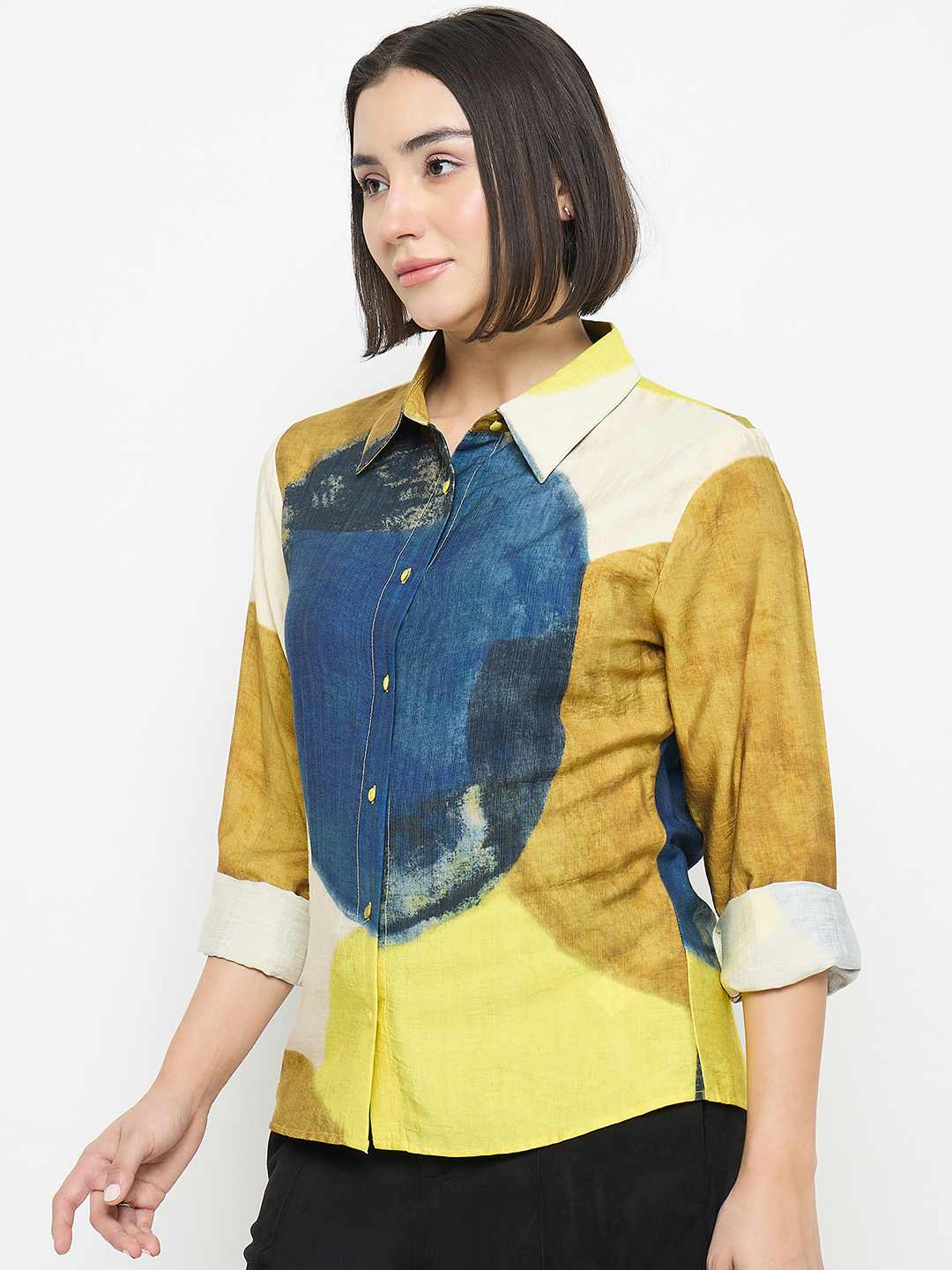 Beige Madame ladies Western top with long sleeves and Western-style details, perfect for casual Western-inspired fashion.
