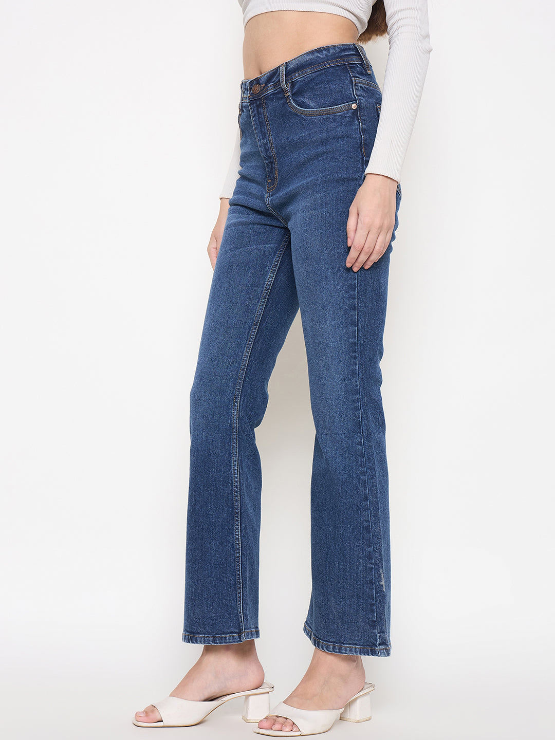 Madame Stone Wash Dark Blue Whiskered Flared Denim Jeans